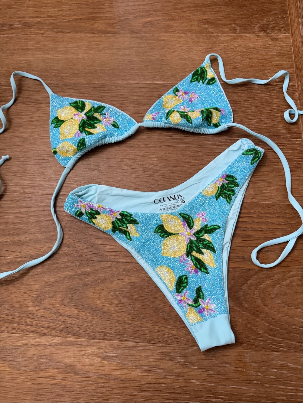 Oceanus Beaded Light Blue Lemons Triangle Bikini